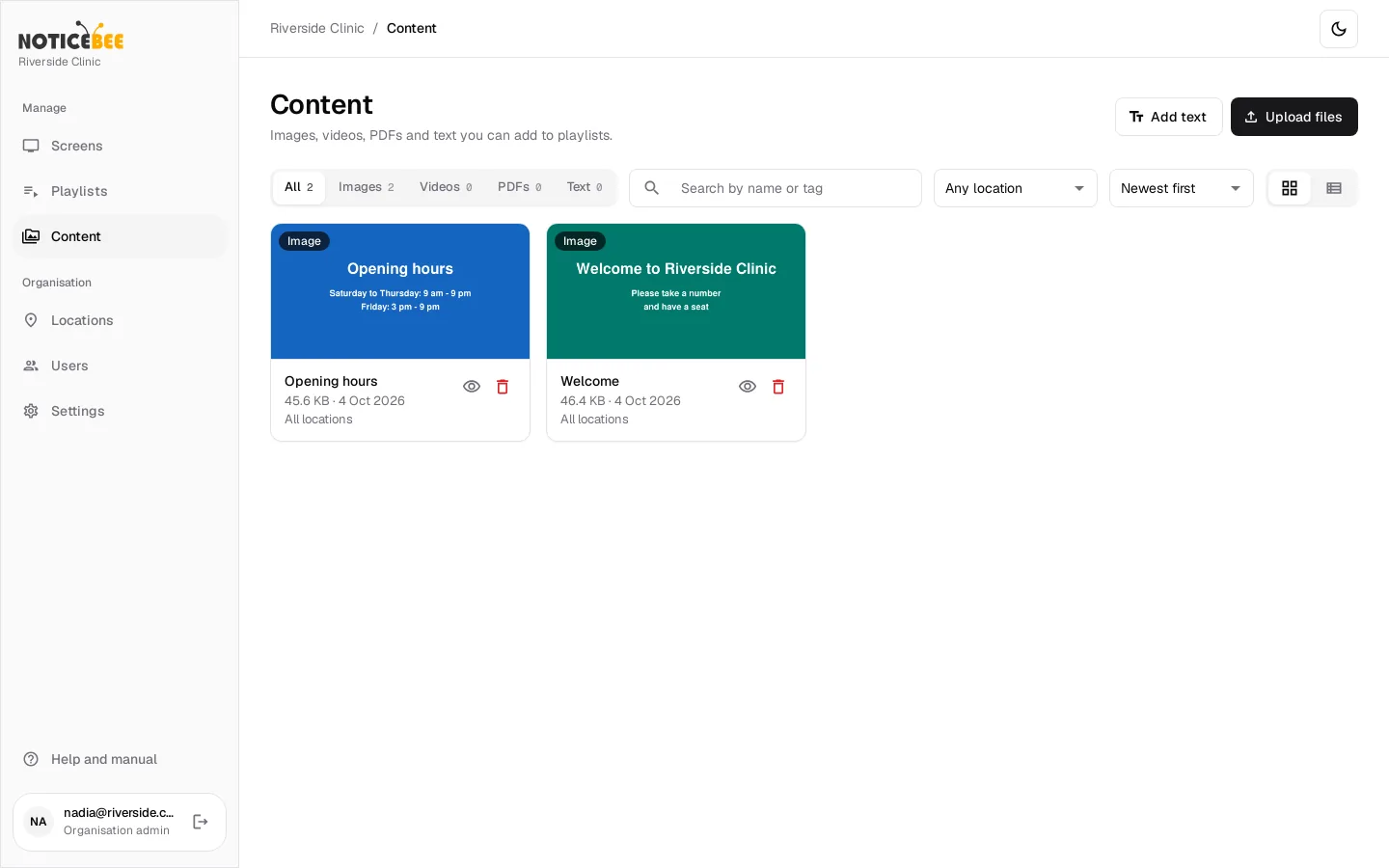 The Content page with images, a video, a PDF and a text notice