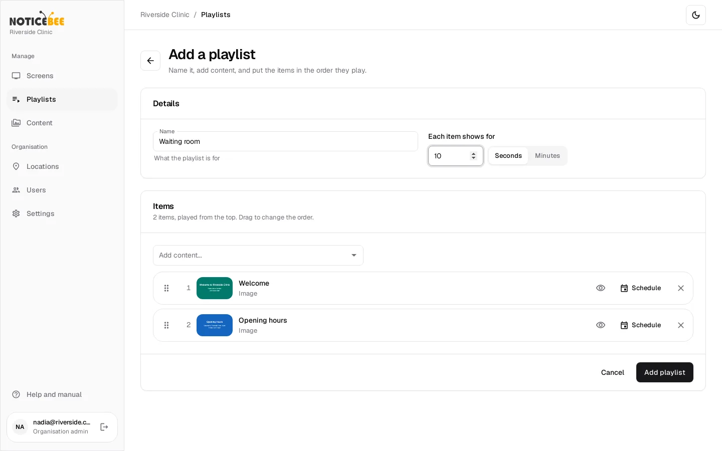 Making a playlist: two items in order, each shown for 10 seconds