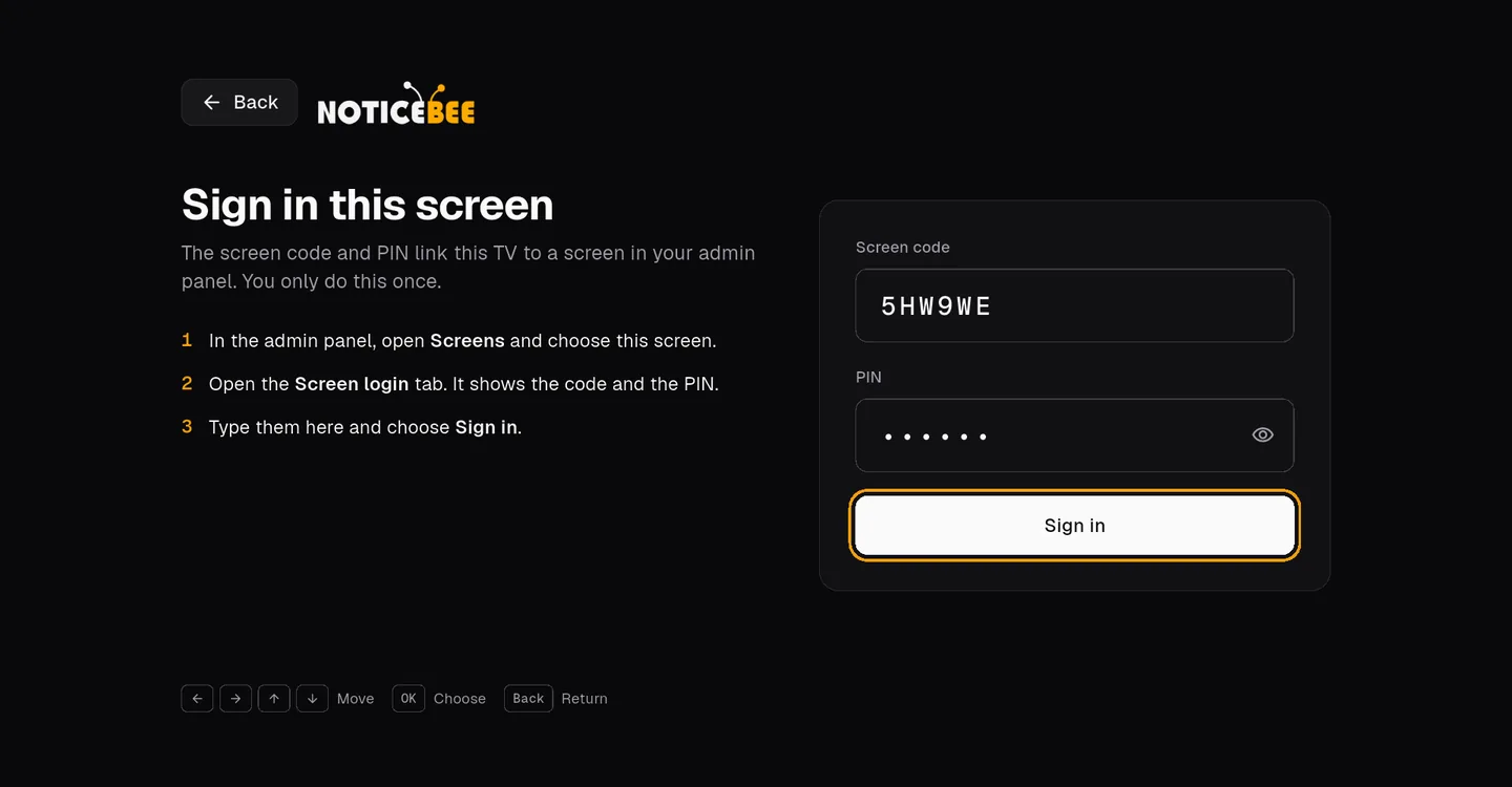 The TV app asking for the screen code and PIN